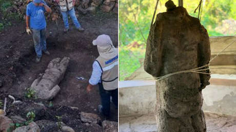 Hallan la escultura de un guerrero decapitado en un tramo de la ruta del Tren Maya en México